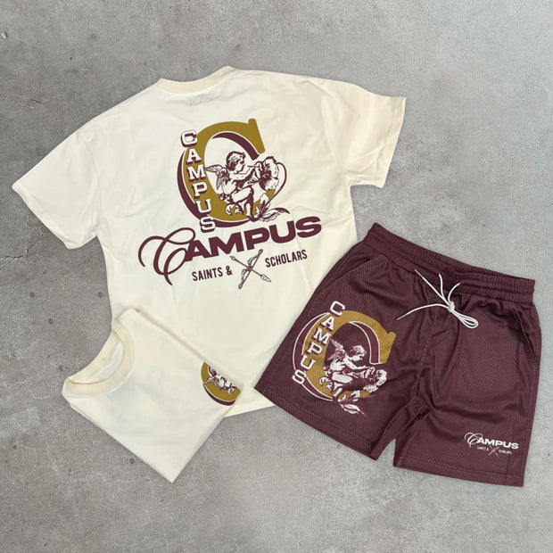 Cupid Print Casual Vintage Sport Mesh Two-Piece Set