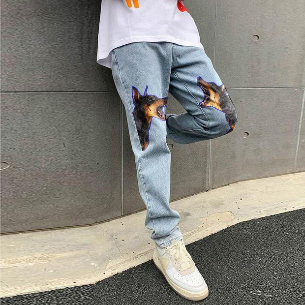 Cartoon animal pattern street hip hop jeans