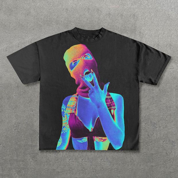 Hippie Mask Girl Print Short Sleeve T-Shirt