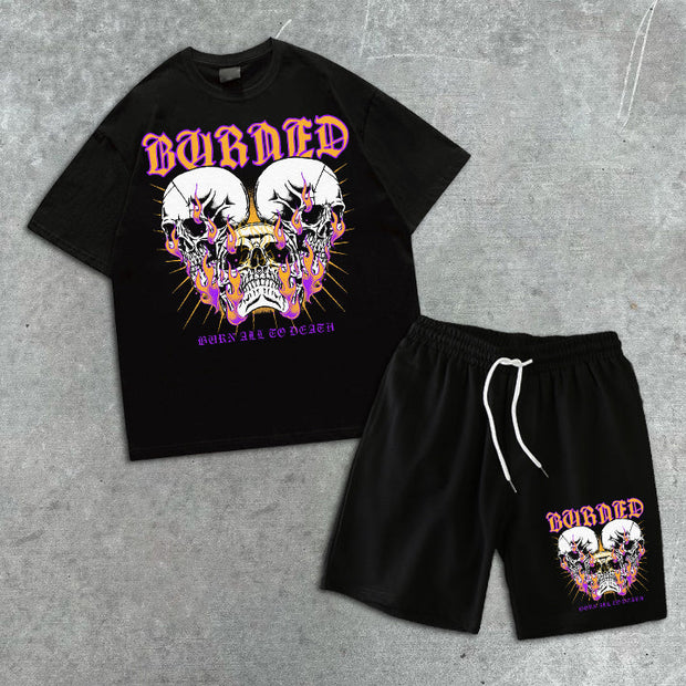 Skull Print Short Sleeve Shorts Set