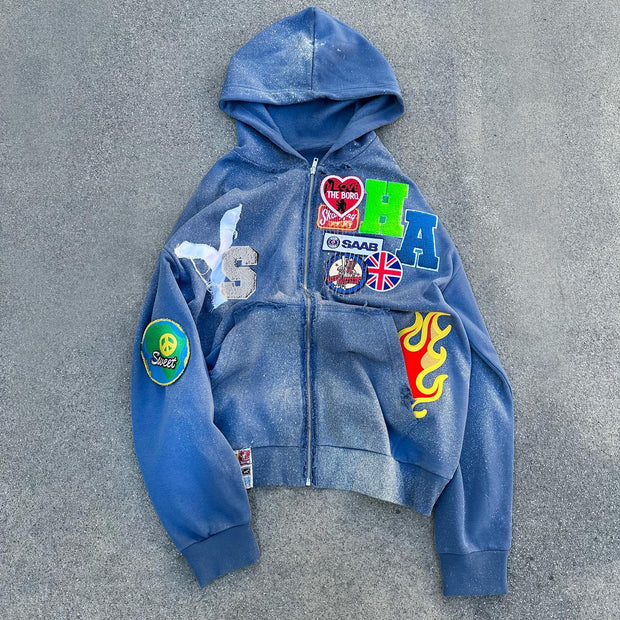 Casual Street Collage Washed Zip Hoodie