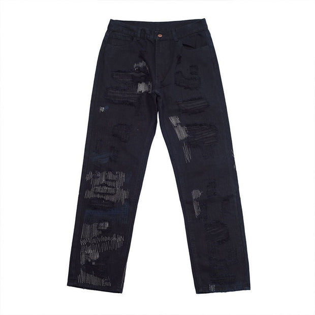 American heavy industry jeans male high street destruction embroidery knife cut hole loose wide-leg pants