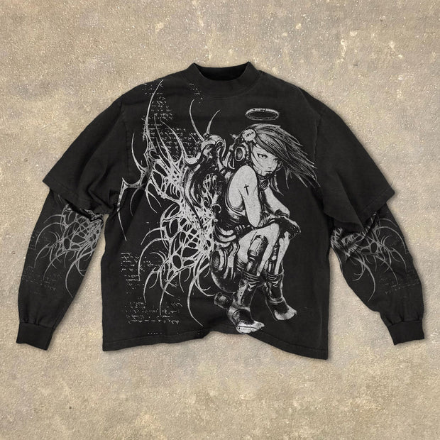 Fake Two Angel Girl Print Long Sleeve T-Shirt