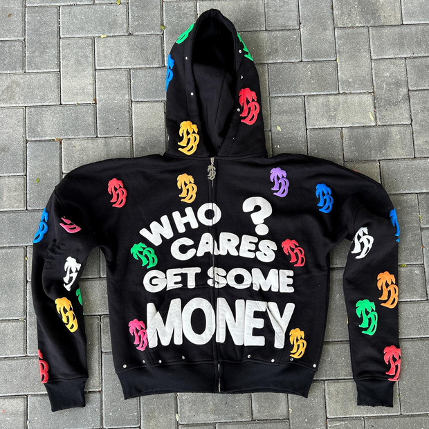 Vintage Letter Print Zip-Up Hoodie Set