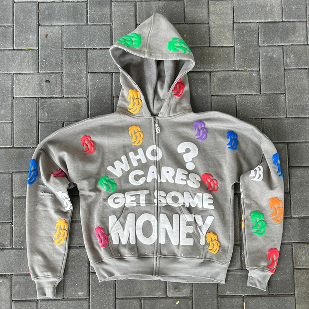 Vintage Letter Print Zip-Up Hoodie Set