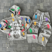 Vintage Letter Print Zip-Up Hoodie Set