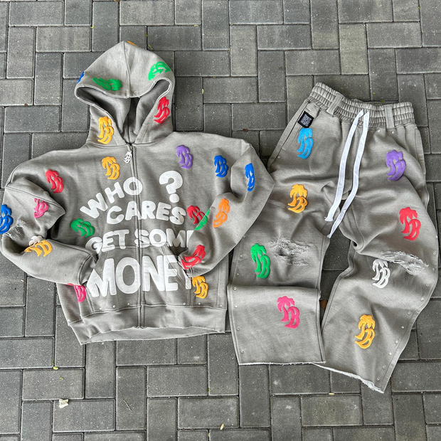 Vintage Letter Print Zip-Up Hoodie Set