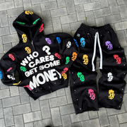 Vintage Letter Print Zip-Up Hoodie Set