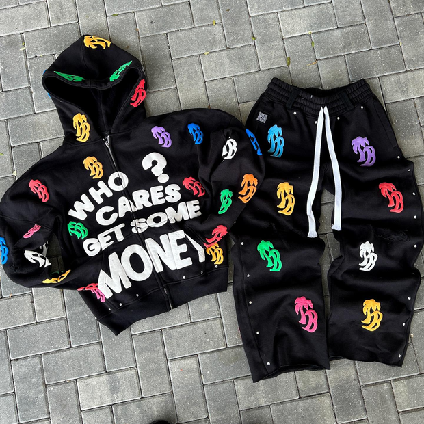 Vintage Letter Print Zip-Up Hoodie Set