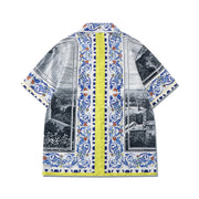 Printed Landscape Vintage Loose Shorts Shirt Set