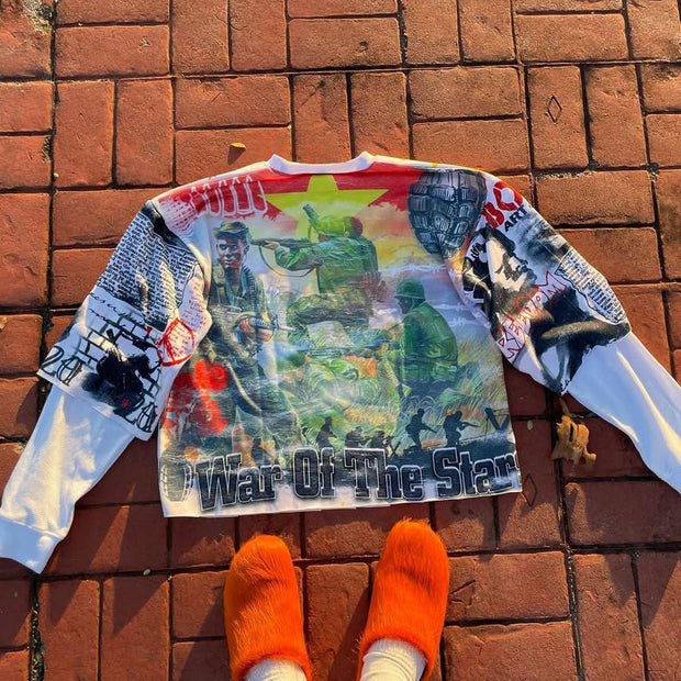 Fake Two Multi-element Print Long Sleeve T-Shirt