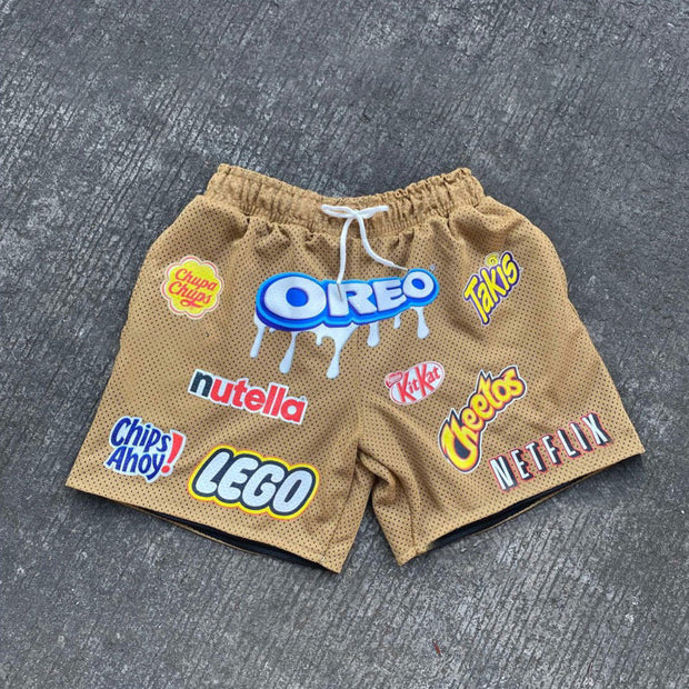 Personalized reversible trendy brand printed mesh shorts