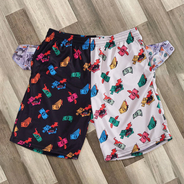 Stitching cartoon print contrast shorts