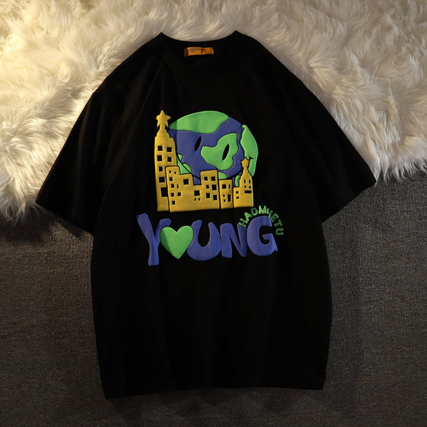 Graffiti three-dimensional foam printing short-sleeved T-shirt