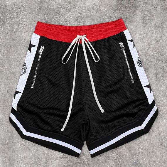 Contrast Panel Street Mesh Sports Loose Shorts