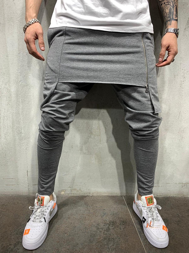 Zipper slim personality casual two-layer sports trousers