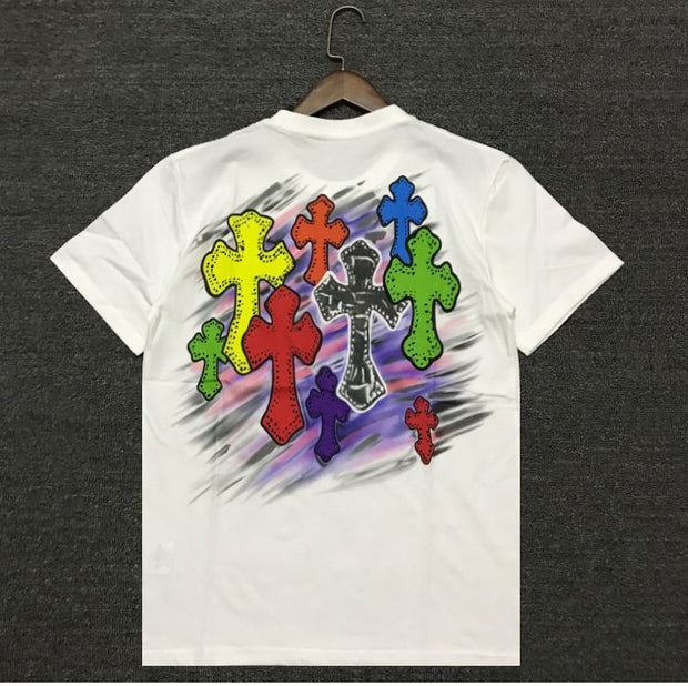 Casual cross-print round neck short-sleeved T-shirt