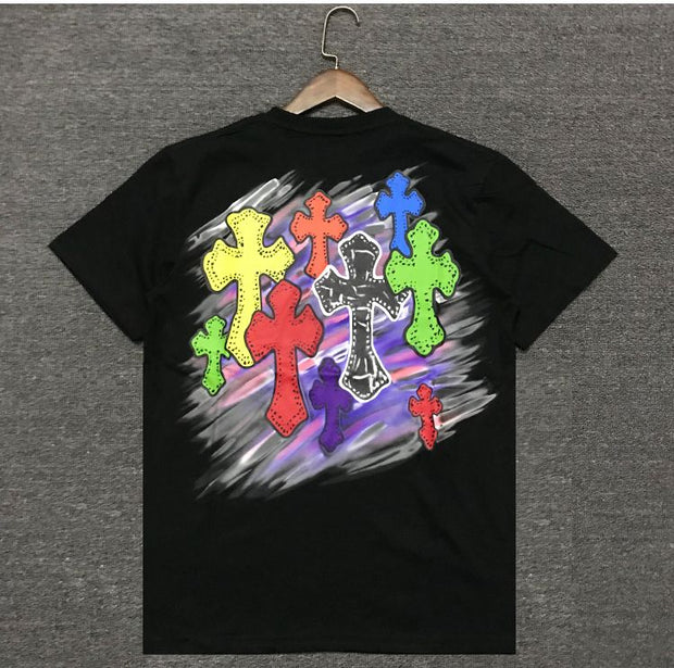 Casual cross-print round neck short-sleeved T-shirt