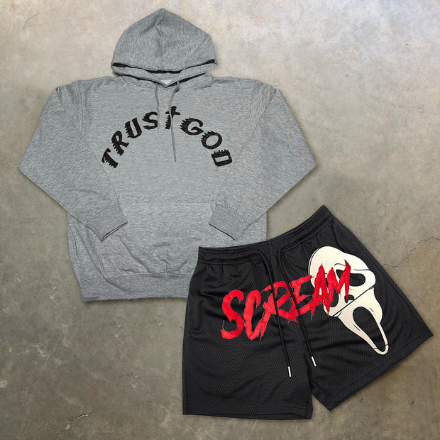 Vintage Print Long Sleeve Hoodie Shorts Hip Hop Outfit