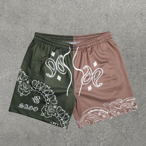 Casual Stitching Color Paisley Print Mesh Shorts