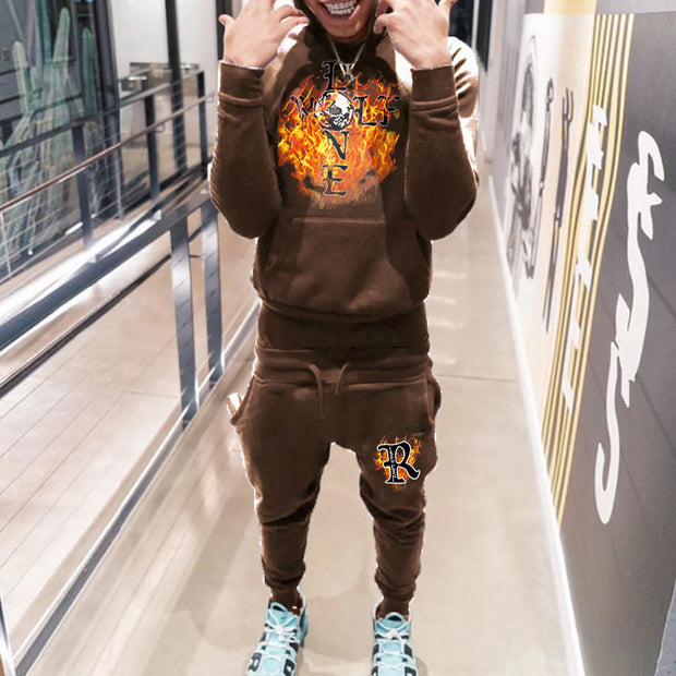 Lone Wolf Print Hoodie Sweatpants Two Piece Set