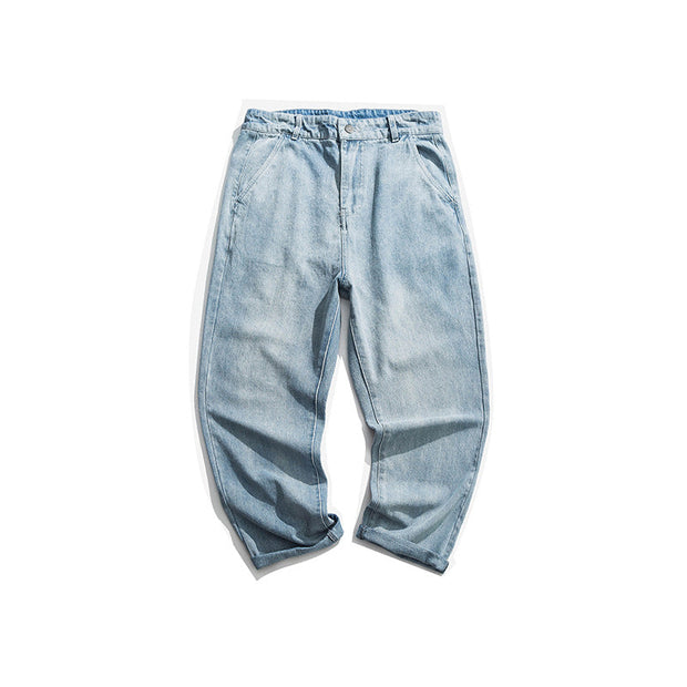 Loose straight-leg light-colored jeans rolled edge mopping trousers lazy style