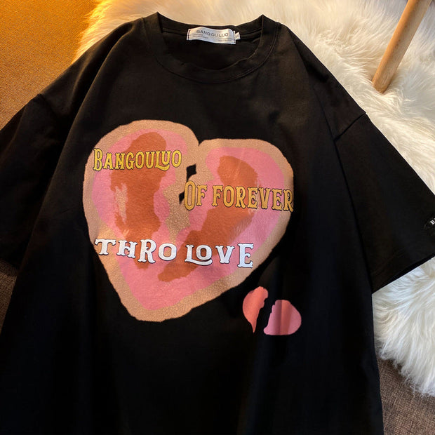 Love print short-sleeved T-shirt men and women round neck loose couple tops