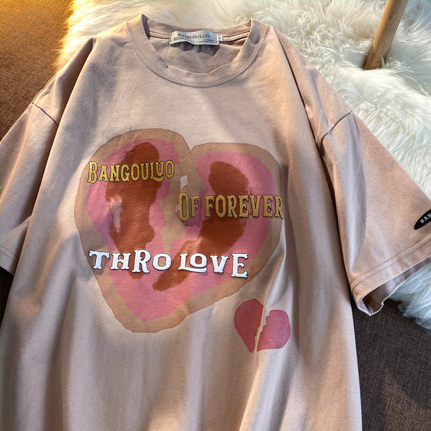 Love print short-sleeved T-shirt men and women round neck loose couple tops