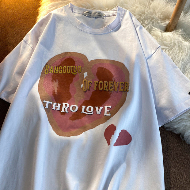 Love print short-sleeved T-shirt men and women round neck loose couple tops