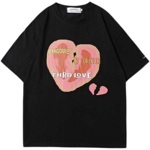 Love print short-sleeved T-shirt men and women round neck loose couple tops