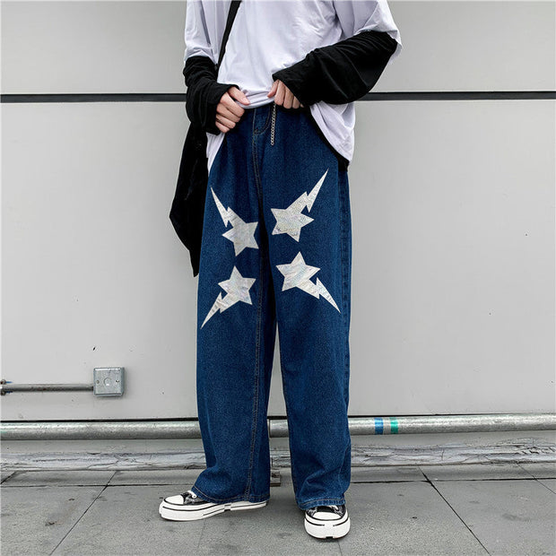 Hip-hop fashion print casual street style denim trousers