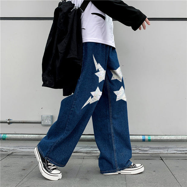Hip-hop fashion print casual street style denim trousers