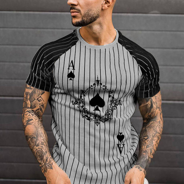 Poker A Striped Print Shoulder Sleeve Color Block Men's T-shirt Top