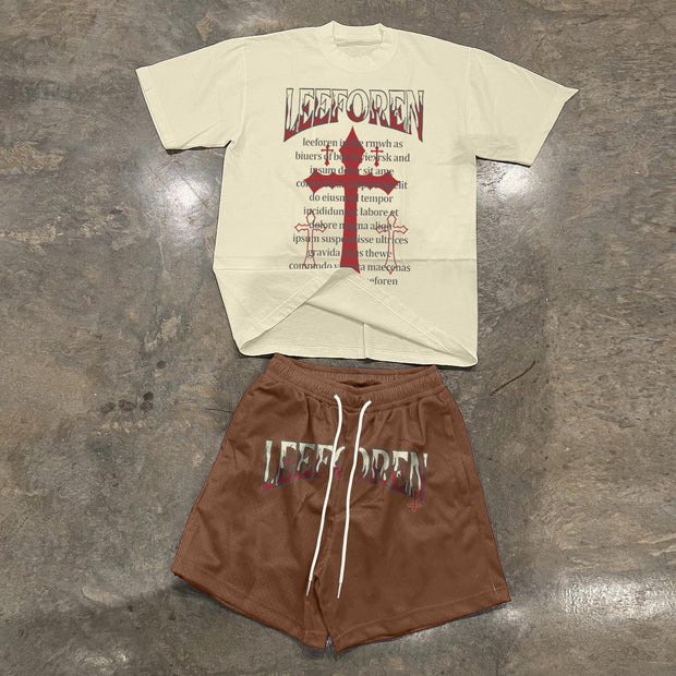 Vintage Cross Print Short Sleeve Casual Shorts Set