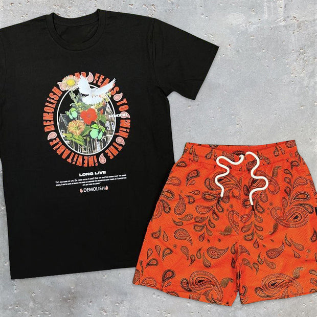 Fashion Print T-Shirt Cashew Shorts Two-Piece Set