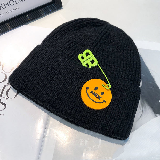 Fashion trend knitted hat female curled pin hip-hop smiley couple woolen hat winter warm hat male