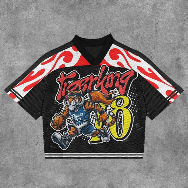 Tiger Boys No. 78 Mesh Patchwork Printed V-neck T-shirt