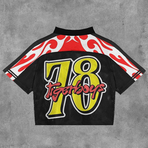 Tiger Boys No. 78 Mesh Patchwork Printed V-neck T-shirt