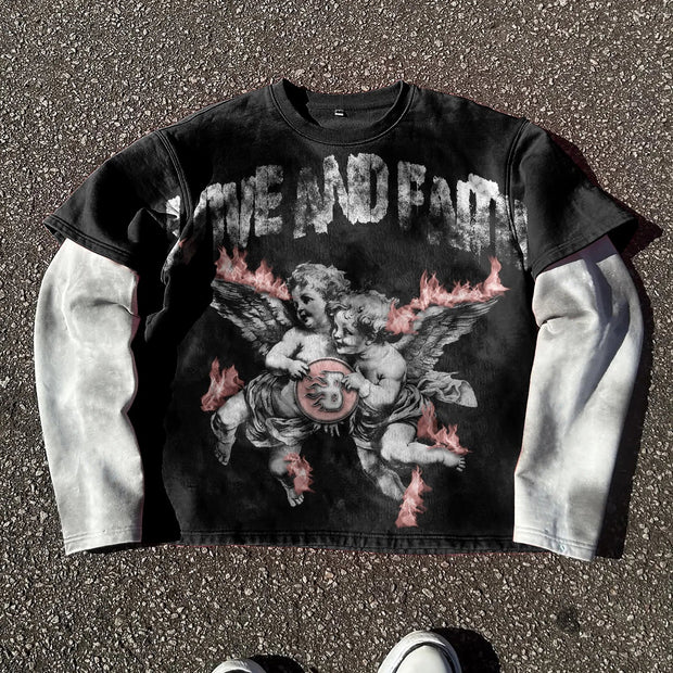 Cupid casual street retro stitching long-sleeved T-shirt
