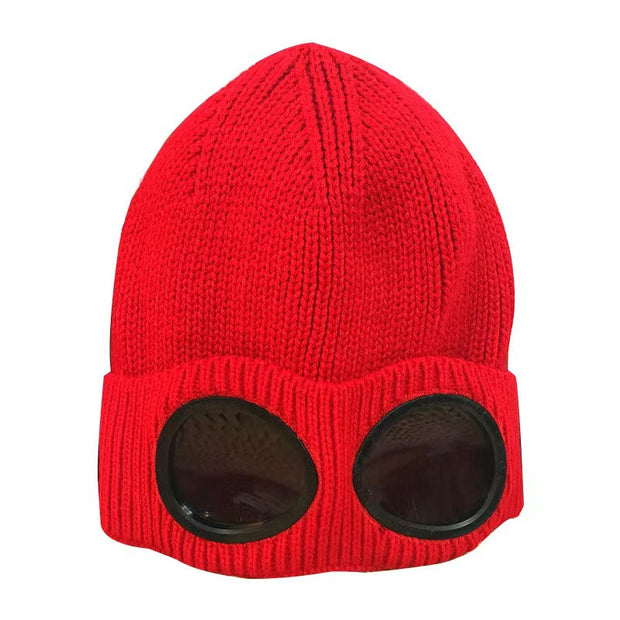Windproof Plush Knit Hat With Sunglasses