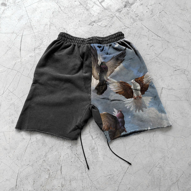 Flying Crane Pattern Street Patchwork Loose Shorts