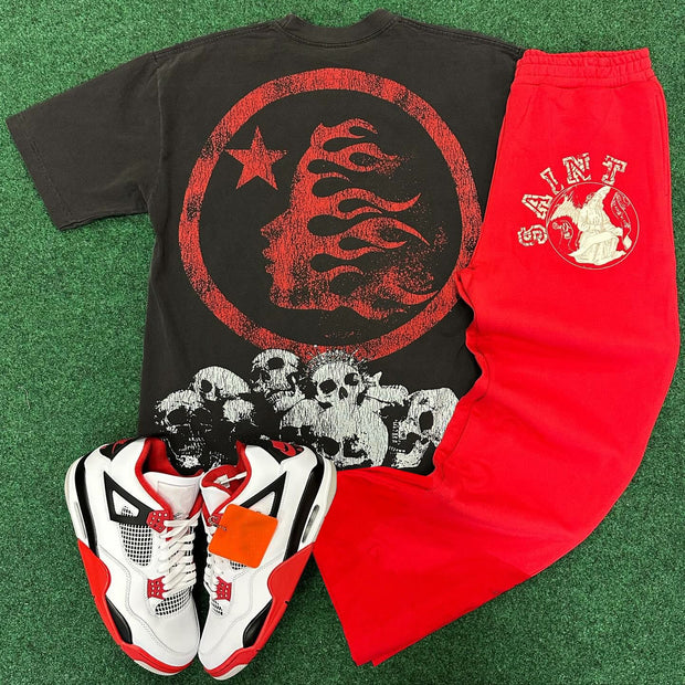Saint Skull Print T-shirt Sweatpants Two Piece Set