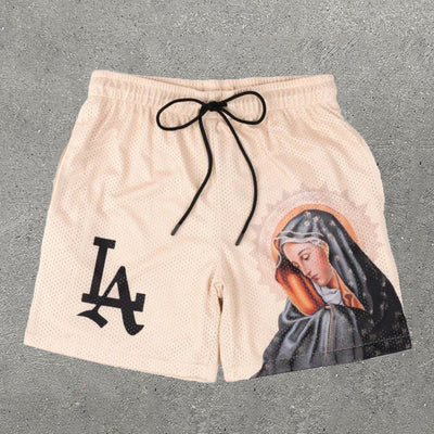 Virgin Mary Print Mesh Shorts