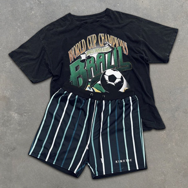 Football Print Short Sleeve Striped Shorts Two-Piece Set