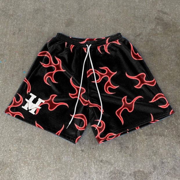 Flame Print Vintage Street Mesh Shorts