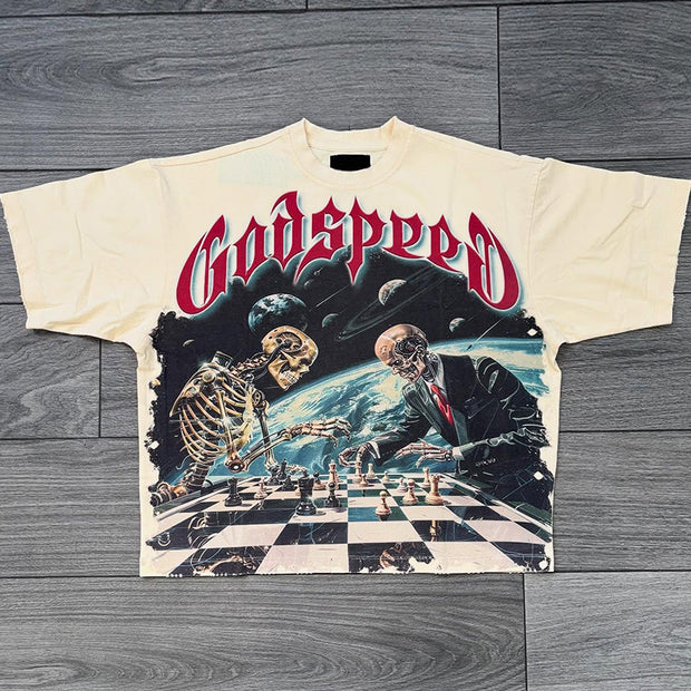 Skull and chess print short-sleeved T-shirt