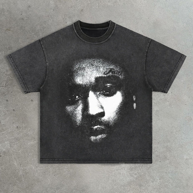 Face printed vintage washed T-shirt
