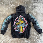 Personalized cross print rhinestone zip-up hoodie