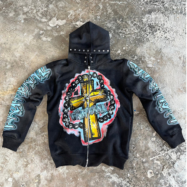 Personalized cross print rhinestone zip-up hoodie