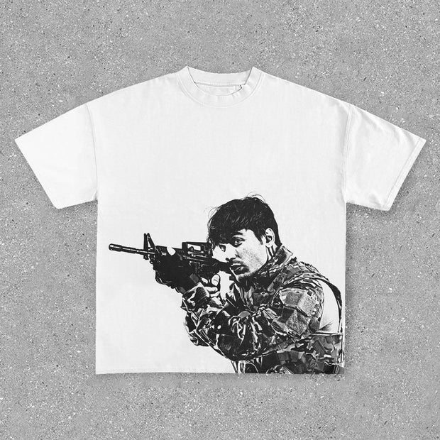 Fashionable and personalized round neck soldier pattern T-shirt